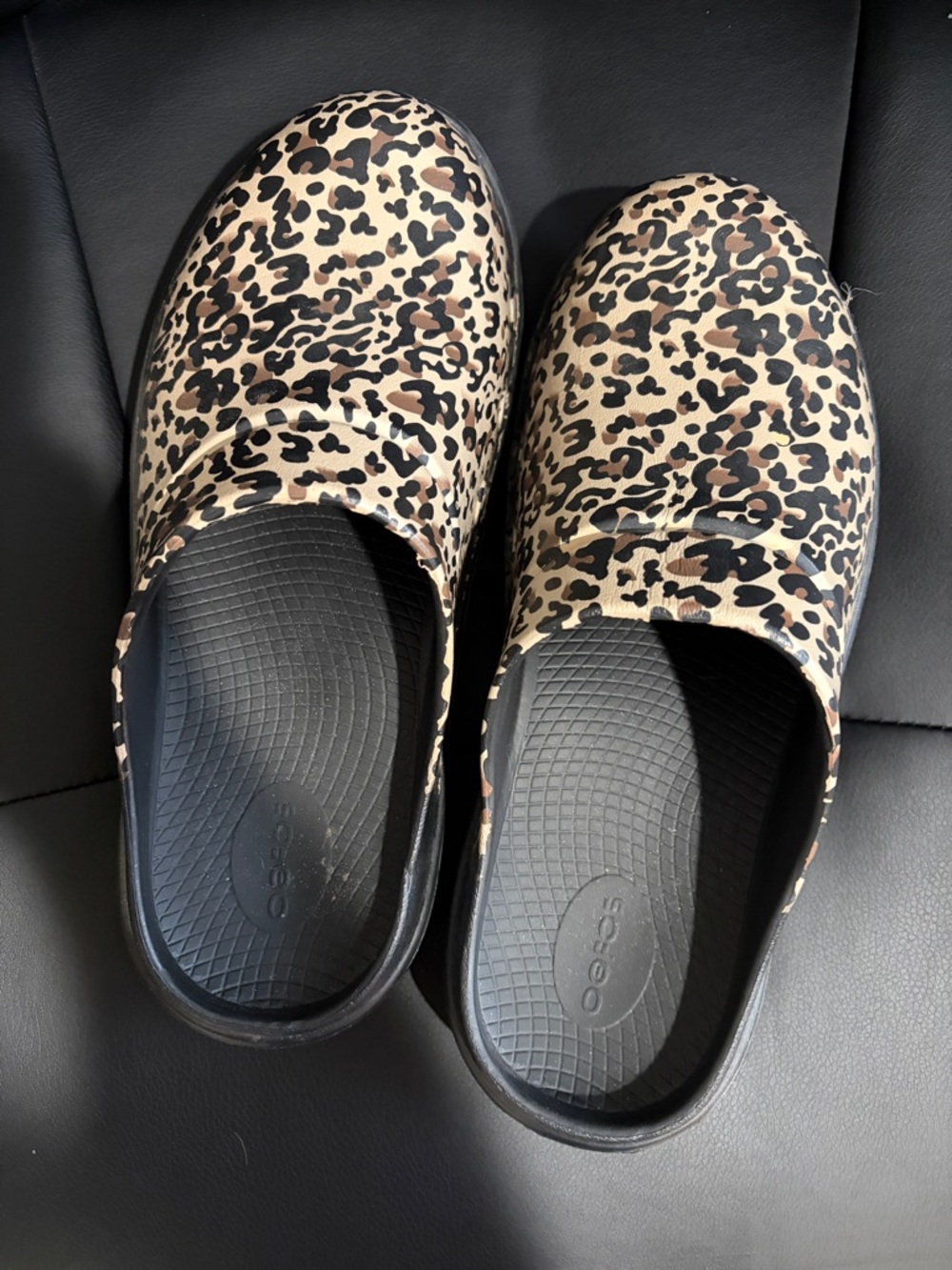 Oofos Leopard-Print Slip-On Clogs in Beige, Black and Brown